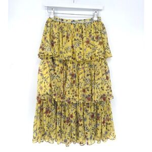 Tommy Jeans Yellow Floral Three Tiered Midi Skirt Womens Size Medium Flowy Fairy